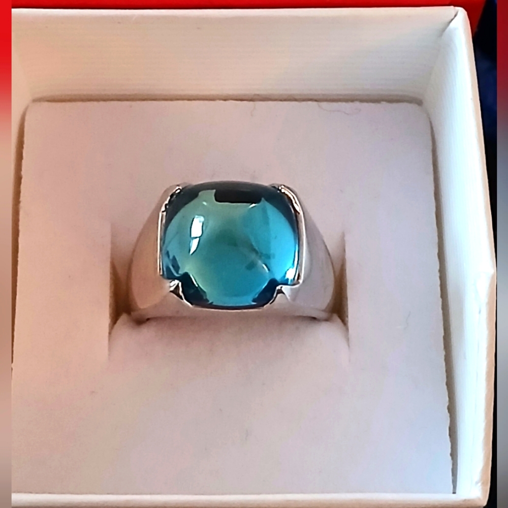 NIB Baccarat Medicis Ring, Sterling Silver & Crystal, Riviera Blue, Size 7